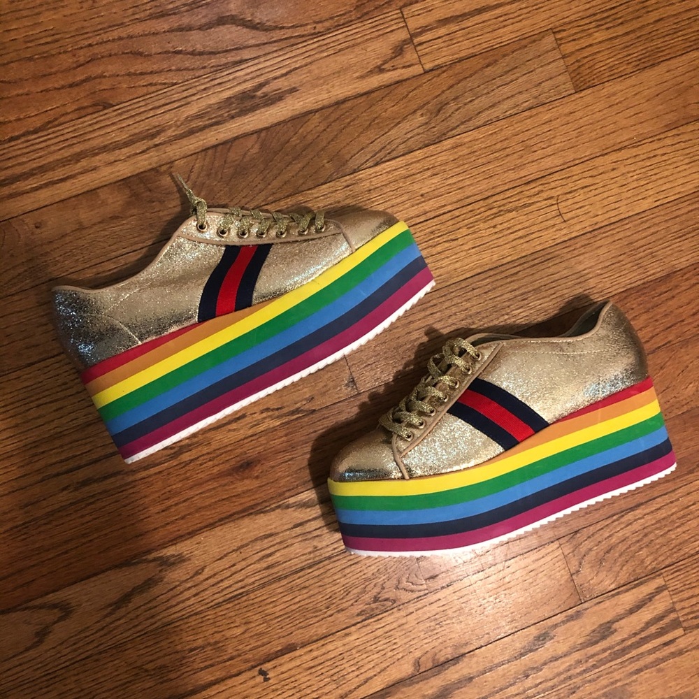 Gold and rainbow platform sneakers